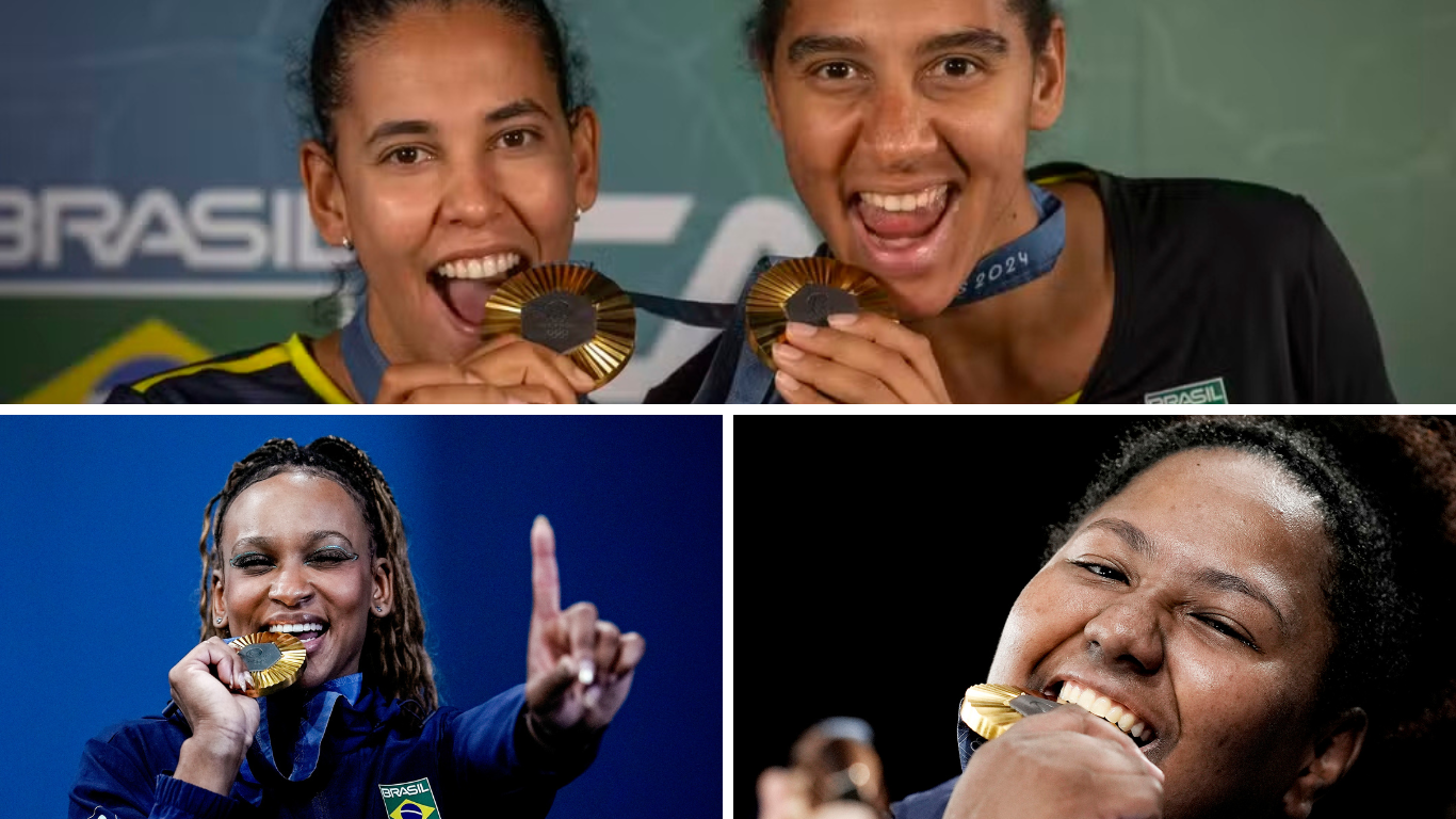 As brasileiras medalhistas de ouro em Paris 2024: Ana Patrícia e Duda, Rebeca Andrade e Bia fazendo a posse mais famosa das Olimpíadas. Créditos: Marcio Menasce/Embratur e divulgação Comitê Olímpico Brasileiro (COB).